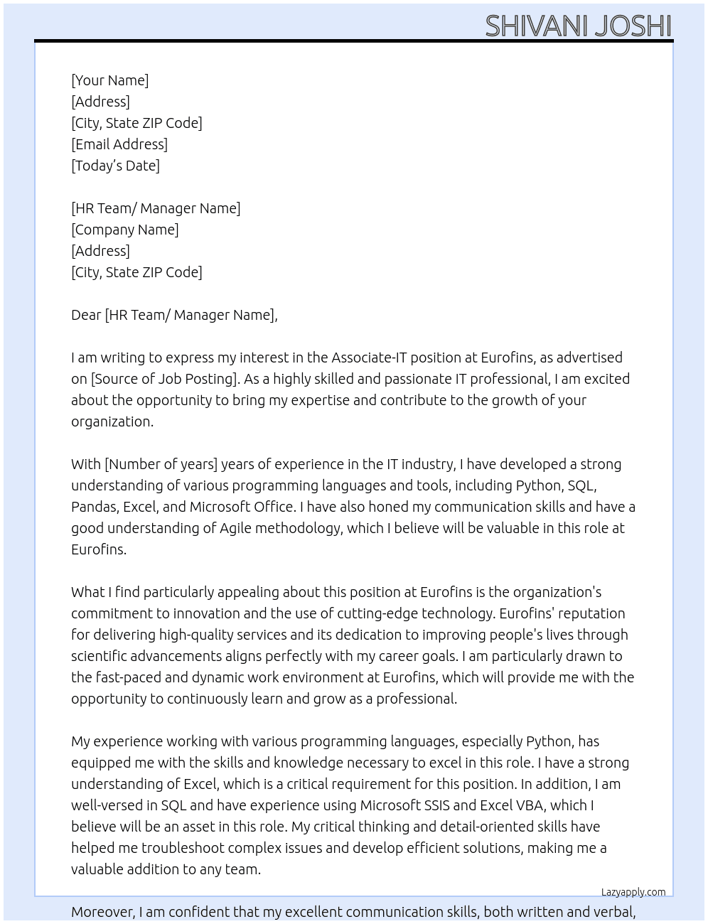Associate-IT At Eurofins Cover Letter
