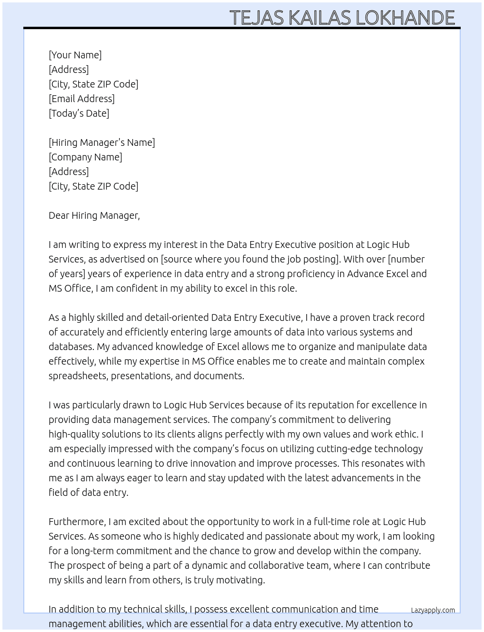 Data Entry Exicutive  At Logic Hub Services Cover Letter