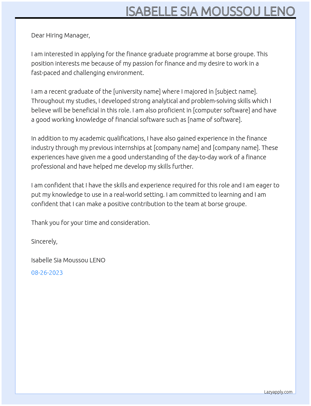 Finance graduate programme At borse groupe Cover Letter