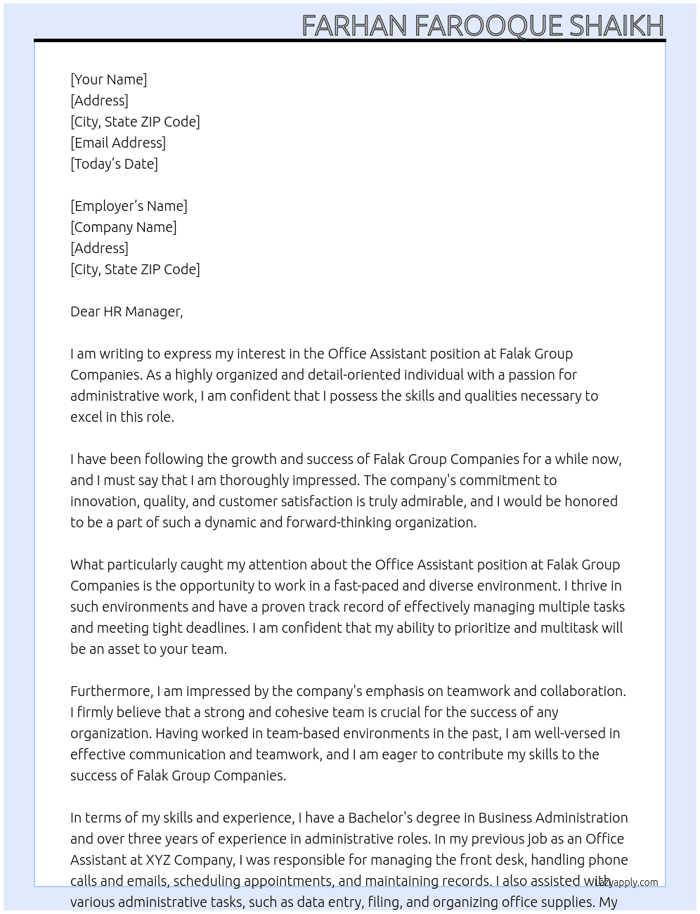 OFFICE ASSISTANT At FALAK GROUP COMPANIES Cover Letter