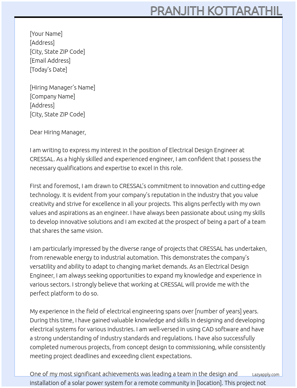 Electrical Design Engineer  At CRESSAL Cover Letter
