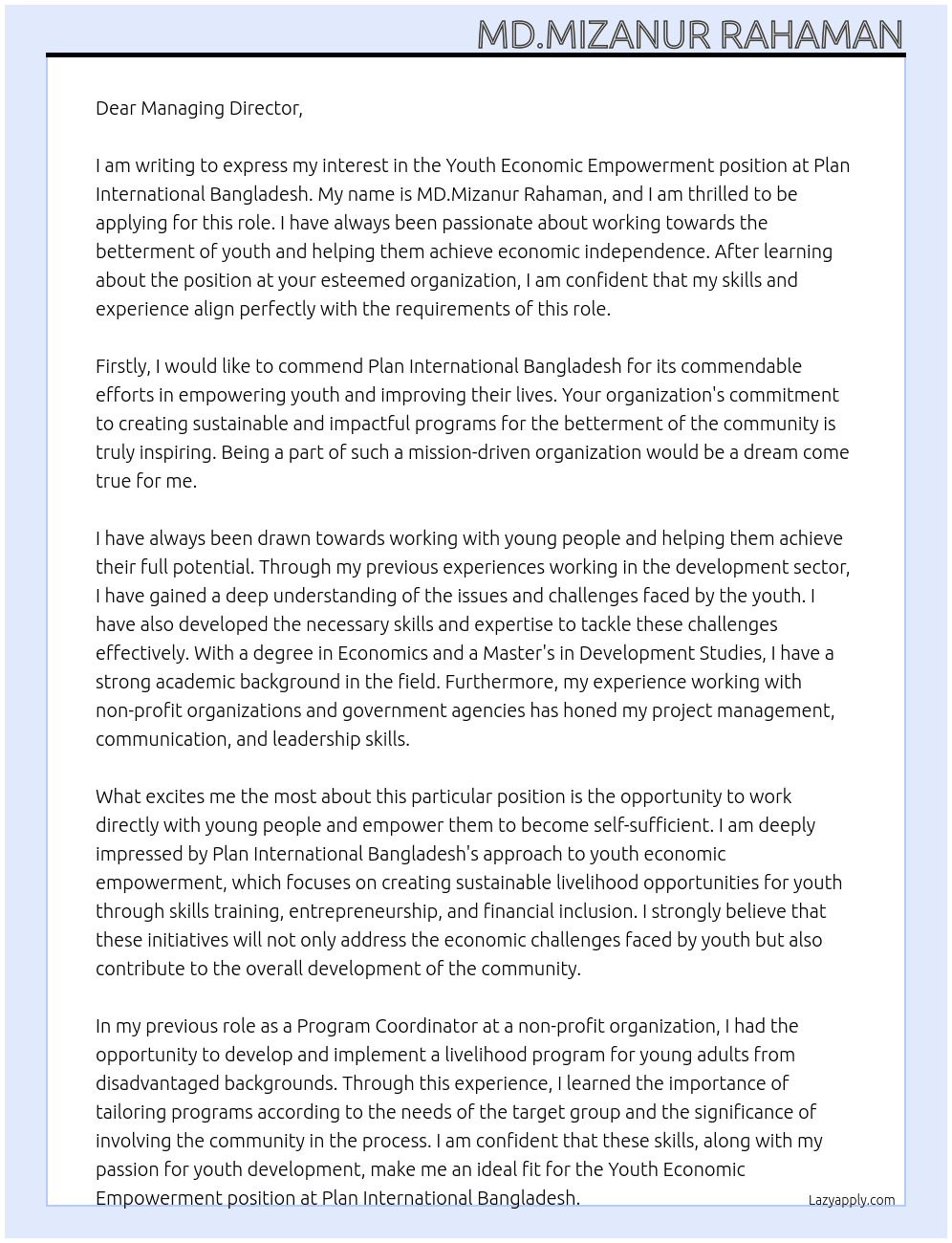Youth Economic Empowerment At plan internatinonal bangladesh Cover Letter
