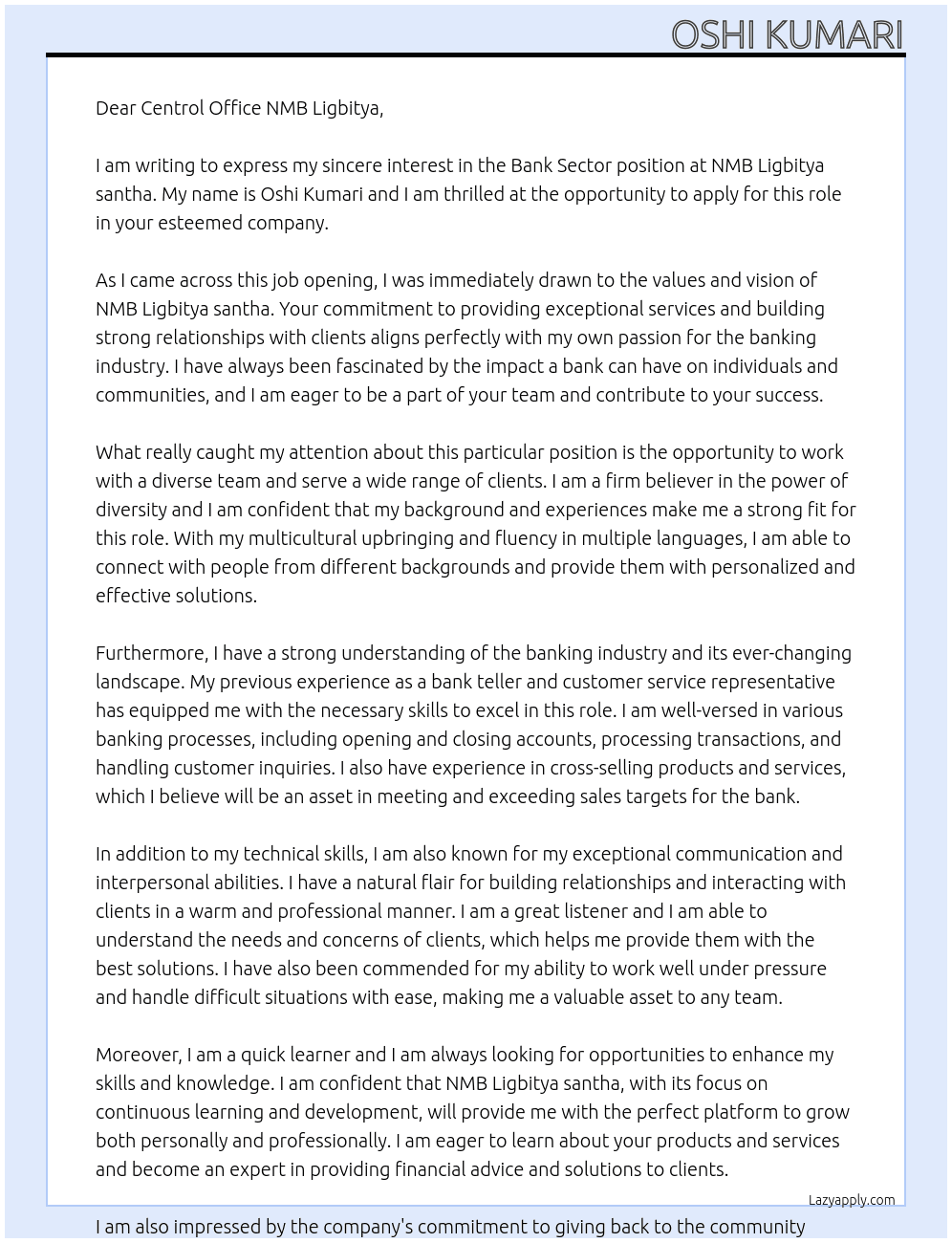 Bank Sector At NMB Ligbitya santha Cover Letter