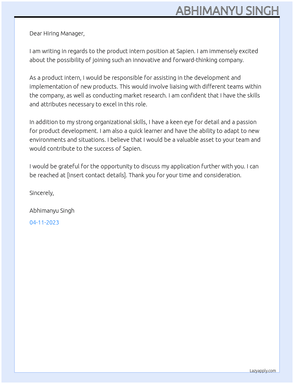 Product Intern At Sapien Cover Letter