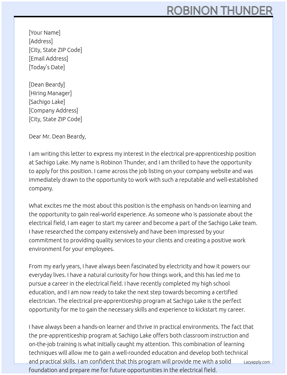 electrical pre-apprenticeship At sachigo lake Cover Letter