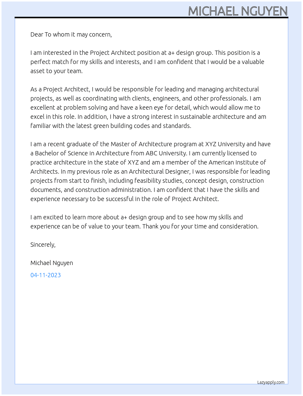 Project Architect At a+ design group Cover Letter