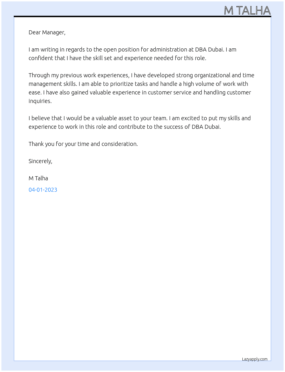administration At DBA Dubai Cover Letter