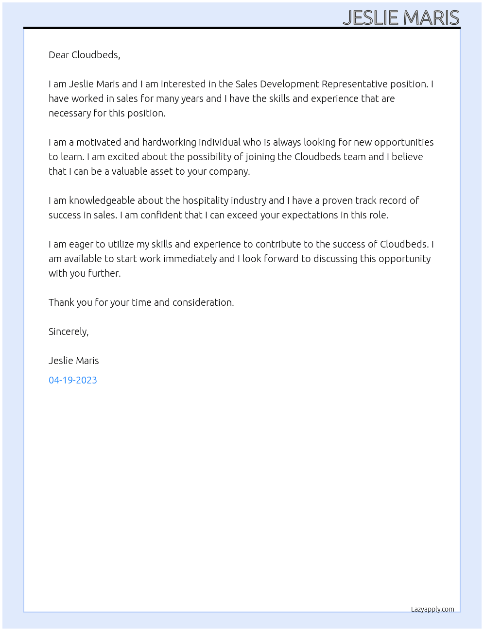 Sales Development Representative At Cloudbeds Cover Letter