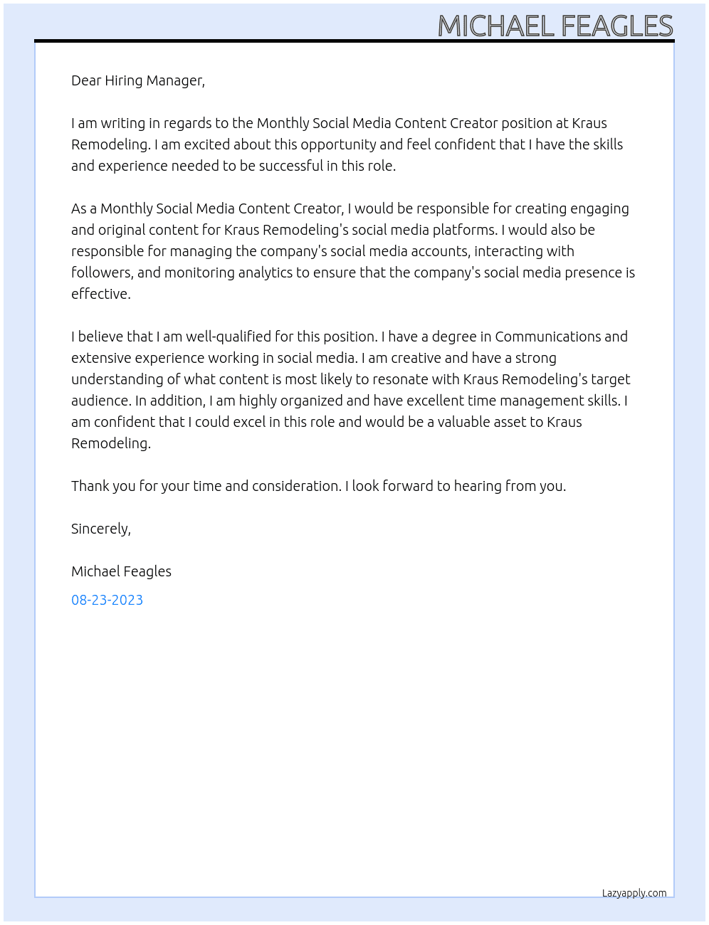 Monthly Social Media Content Creator At Kraus Remodeling Cover Letter
