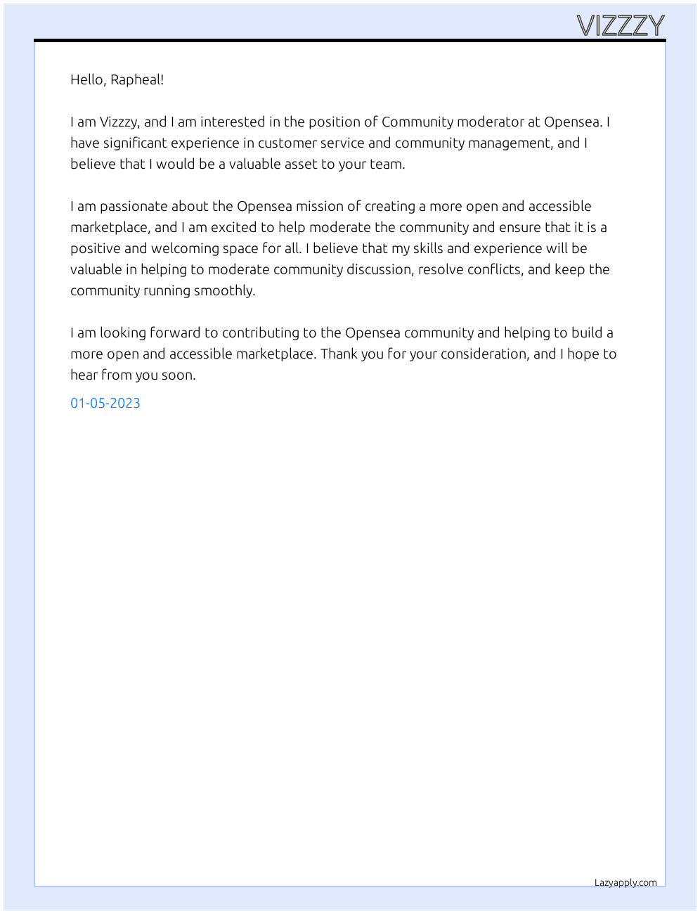 Community moderator At Opensea Cover Letter