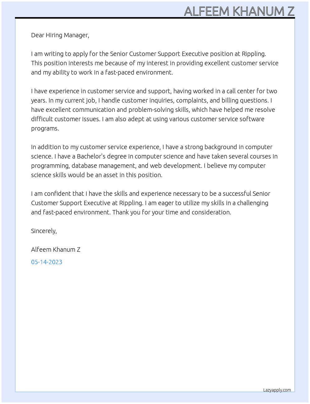 Senior Customer Support Executive  At Rippling Cover Letter