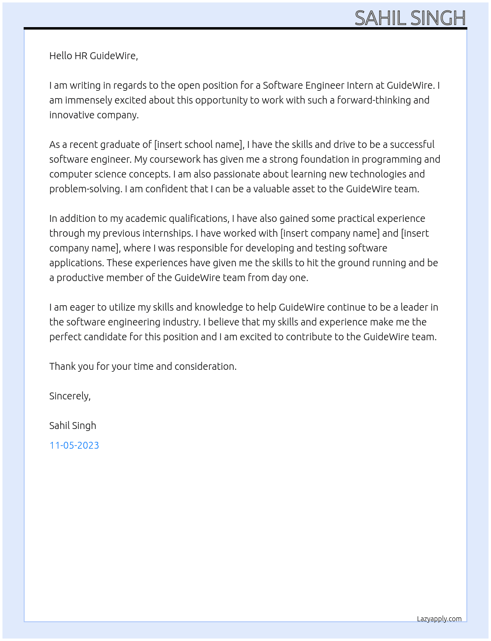 Software Engineer Intern At GuideWire Cover Letter