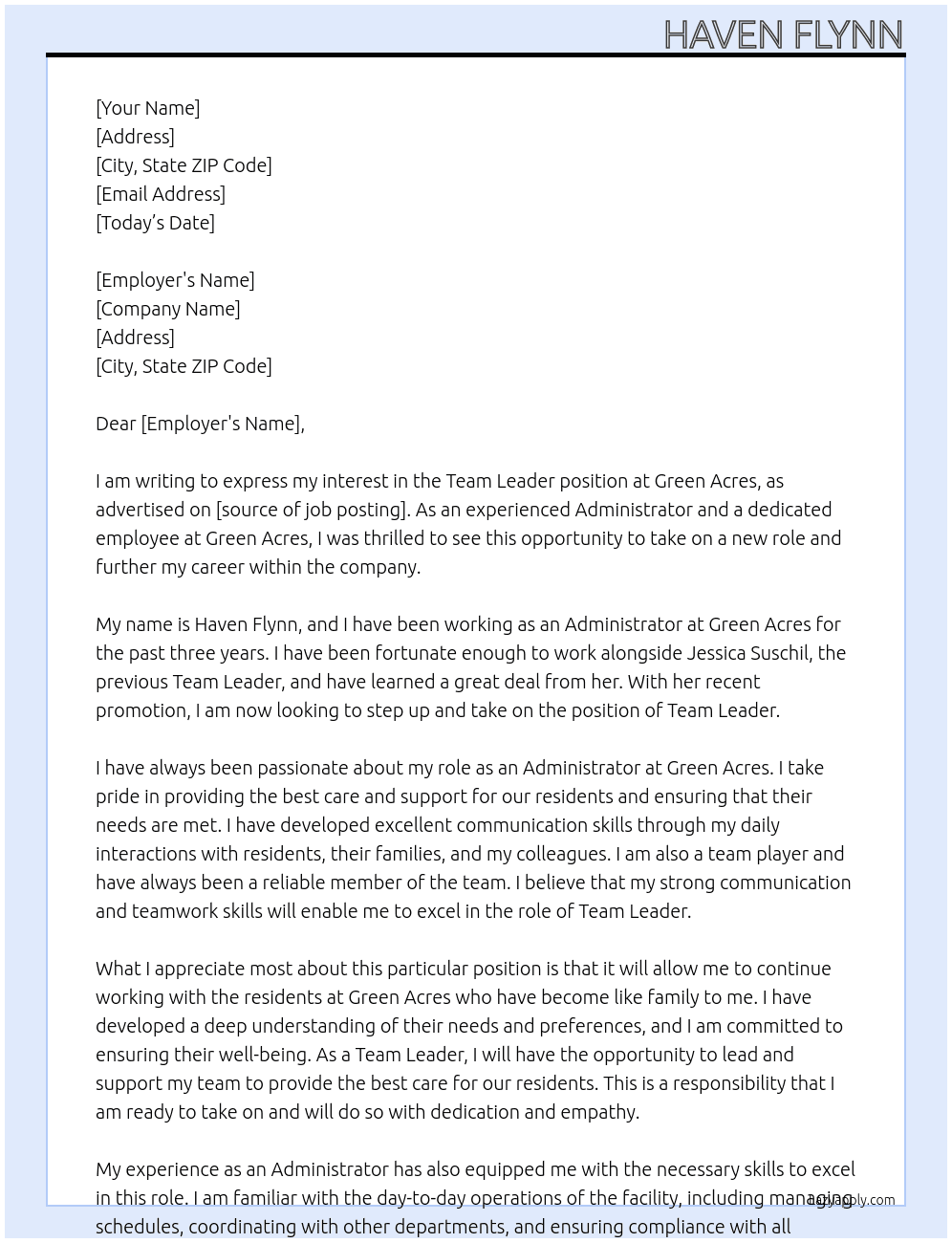 Team leader  At Green Acres  Cover Letter