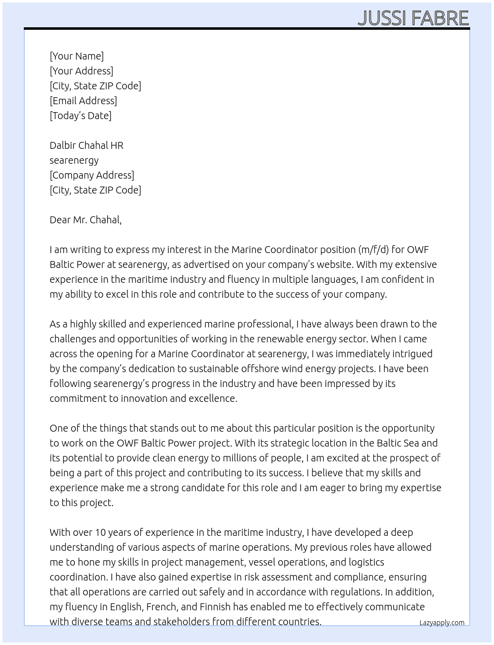 Marine Coordinator (m/f/d) OWF Baltic Power At searenergy Cover Letter