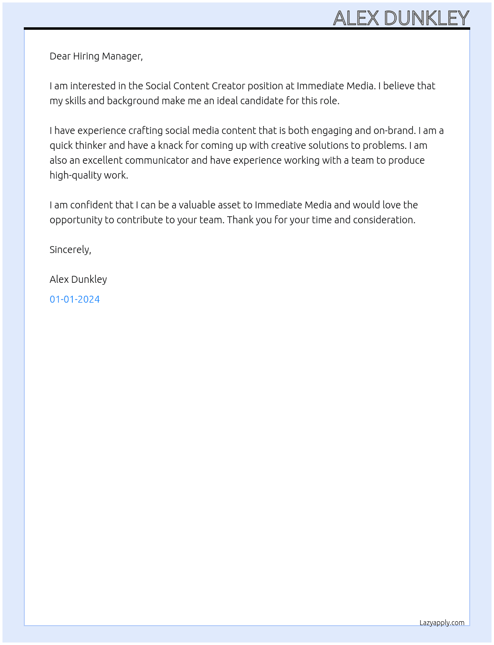 Social Content Creator At Immediate Media Cover Letter