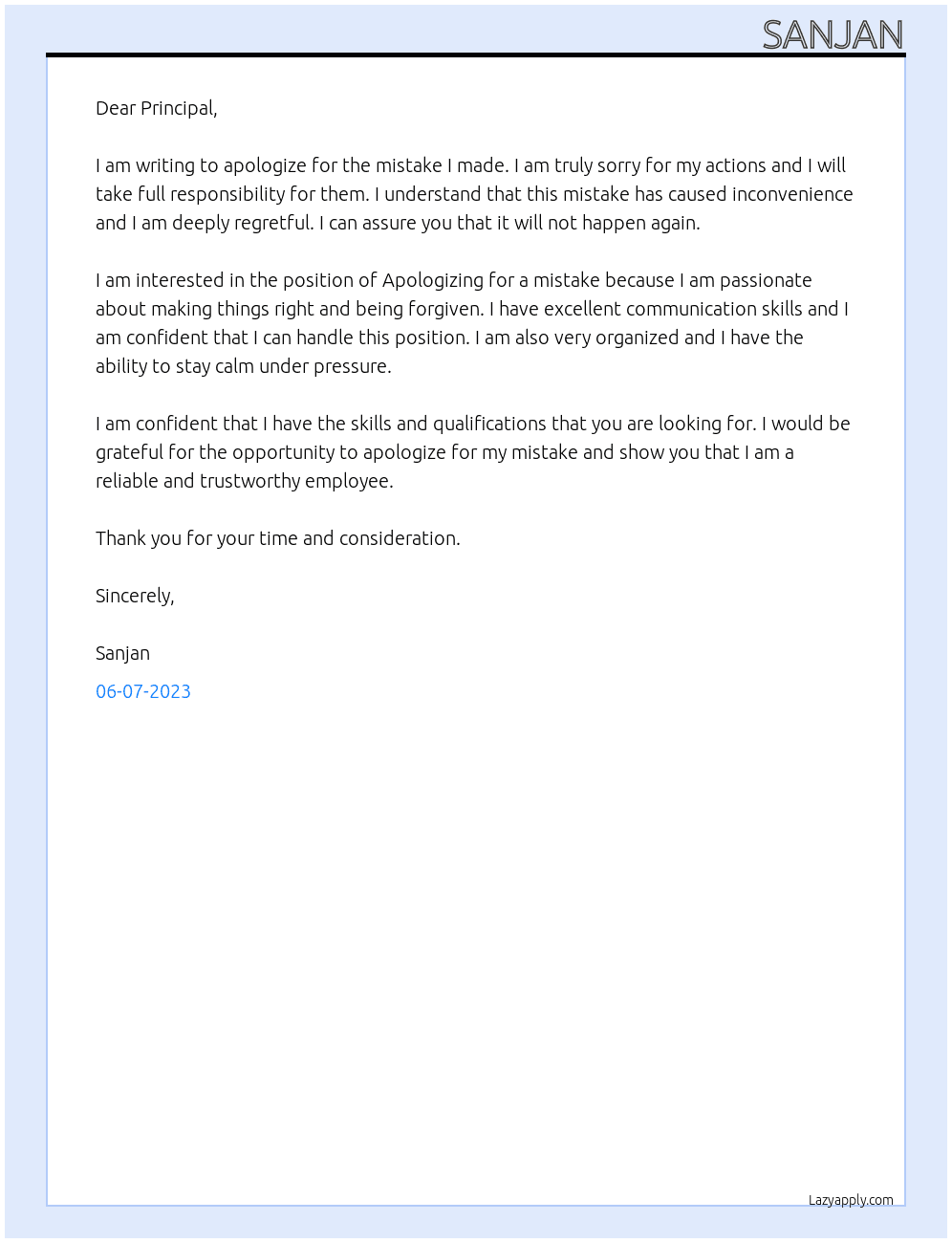 Apologization letter for mistake  At Rmes college  Cover Letter