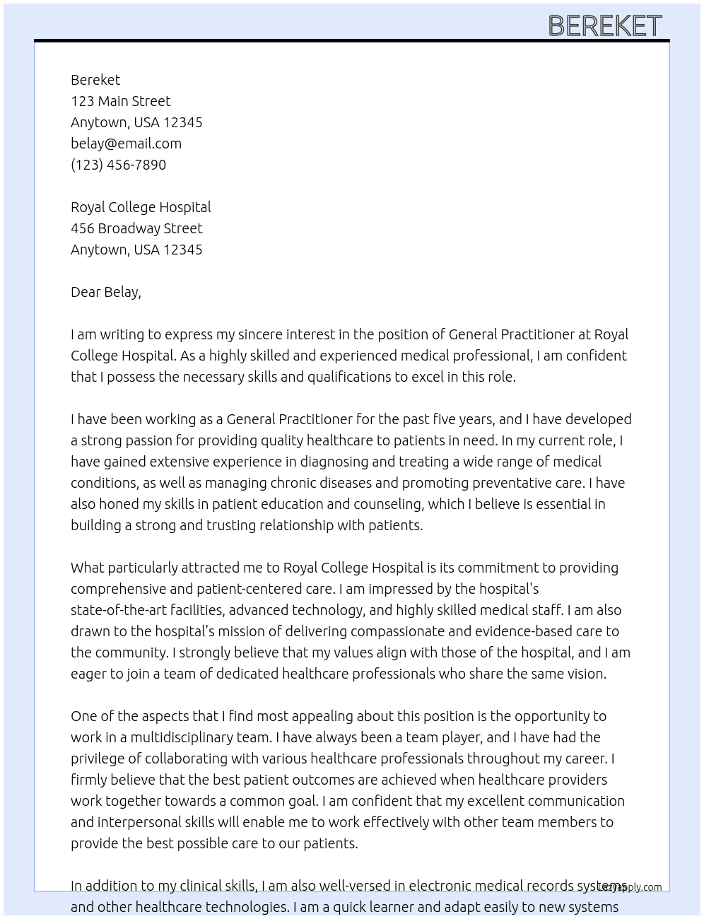 General practitioner  At Royal college hospital  Cover Letter