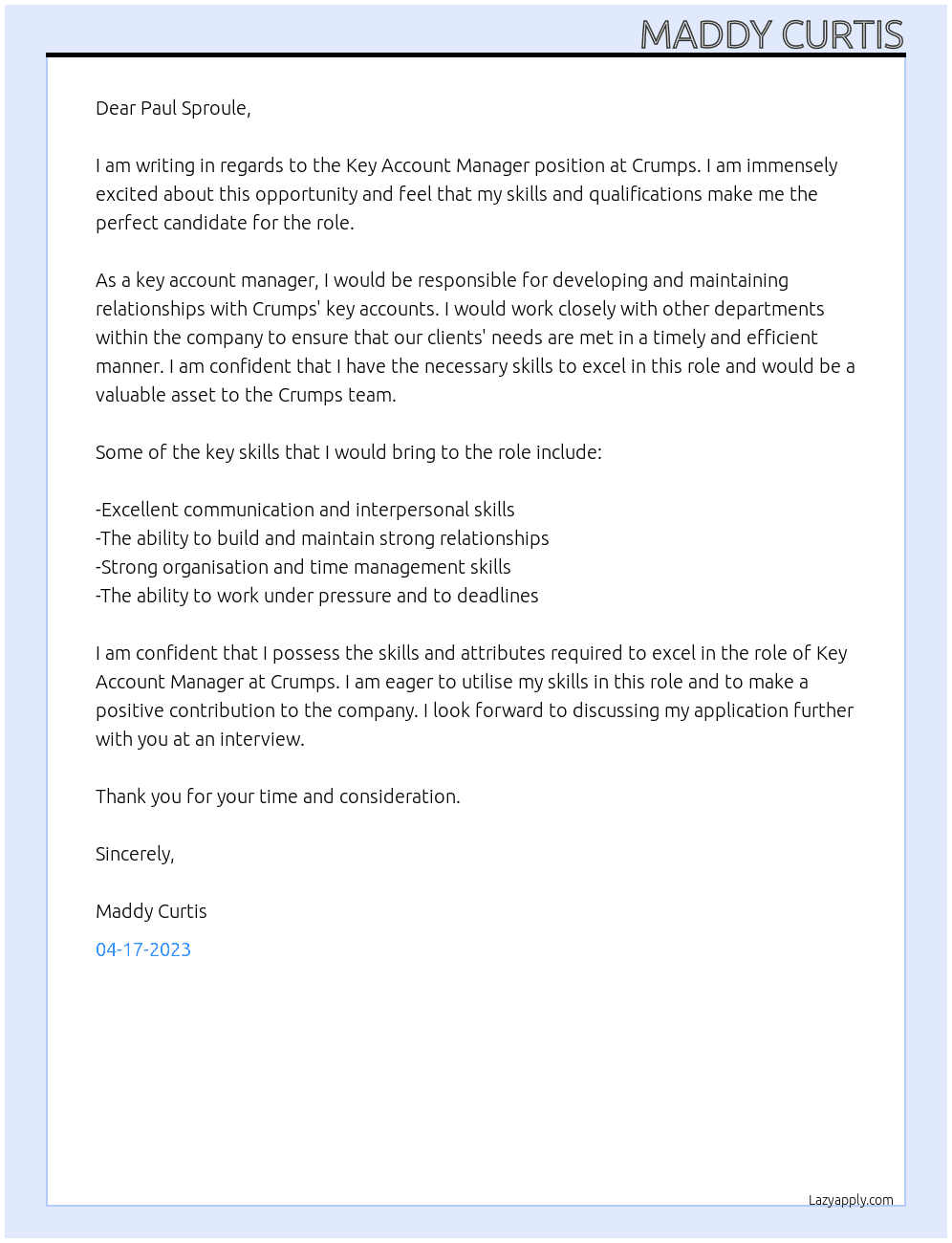 Key Account Manager At Crumps Cover Letter