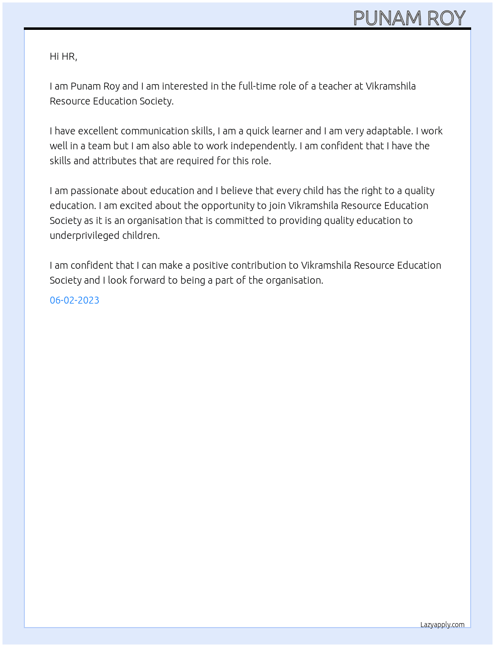 Teacher At Vikramshila Resource Education Society Cover Letter
