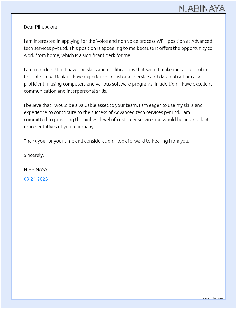 Voice and non voice process WFH At Advanced tech services pvt Ltd  Cover Letter