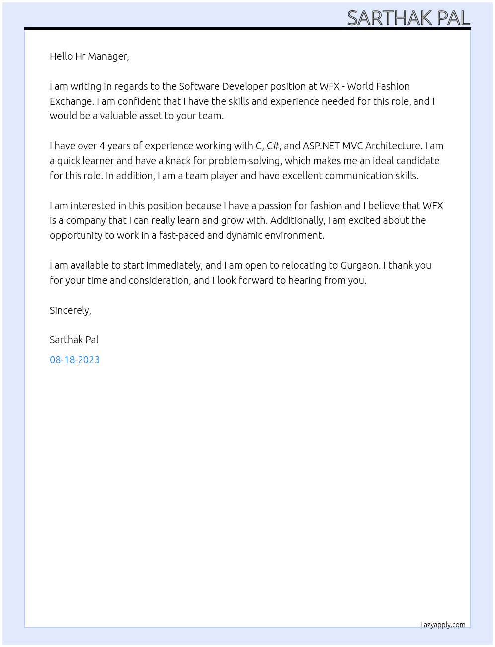 Software Developer At WFX - World Fashion Exchange  Cover Letter
