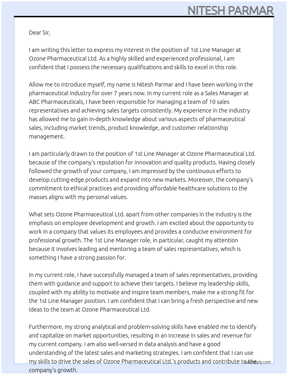 1st Line Manager At Ozone Pharmaceutical Ltd. Cover Letter
