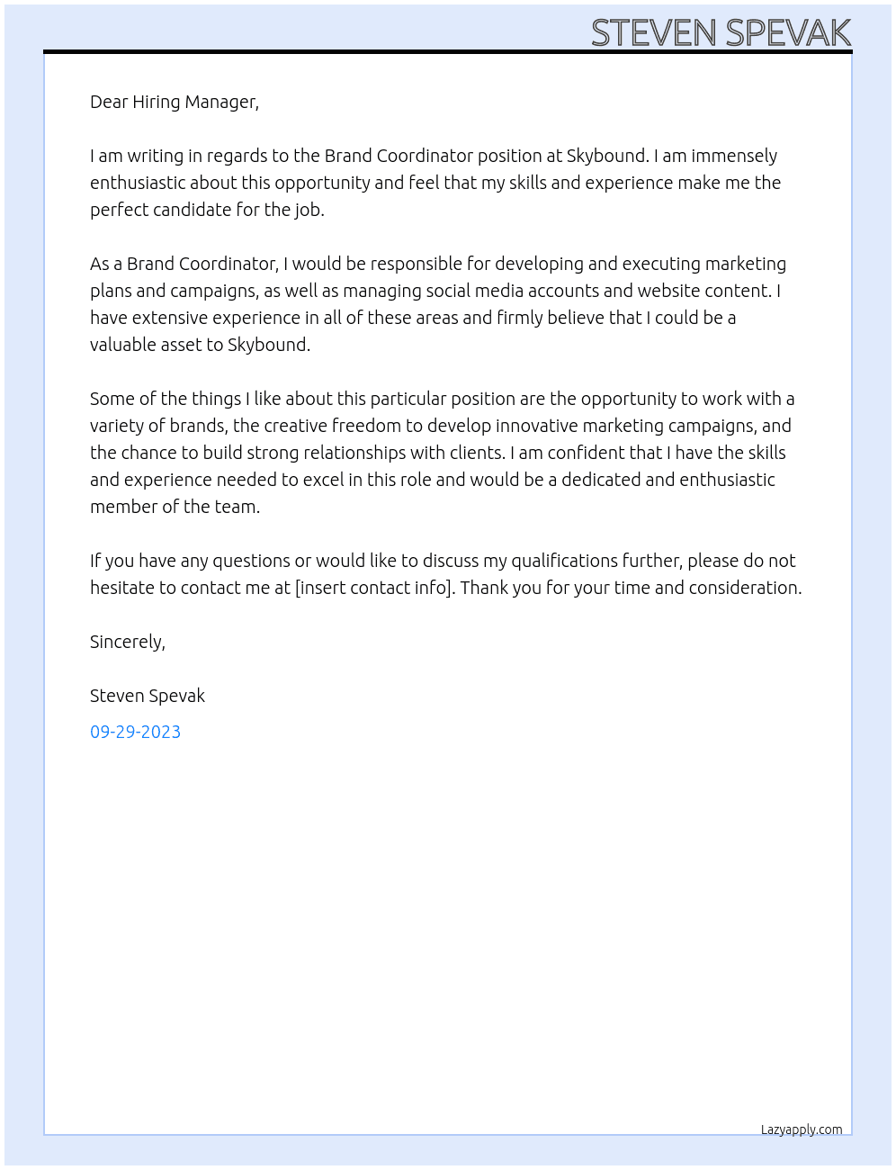 Brand Coordinator At Skybound Cover Letter