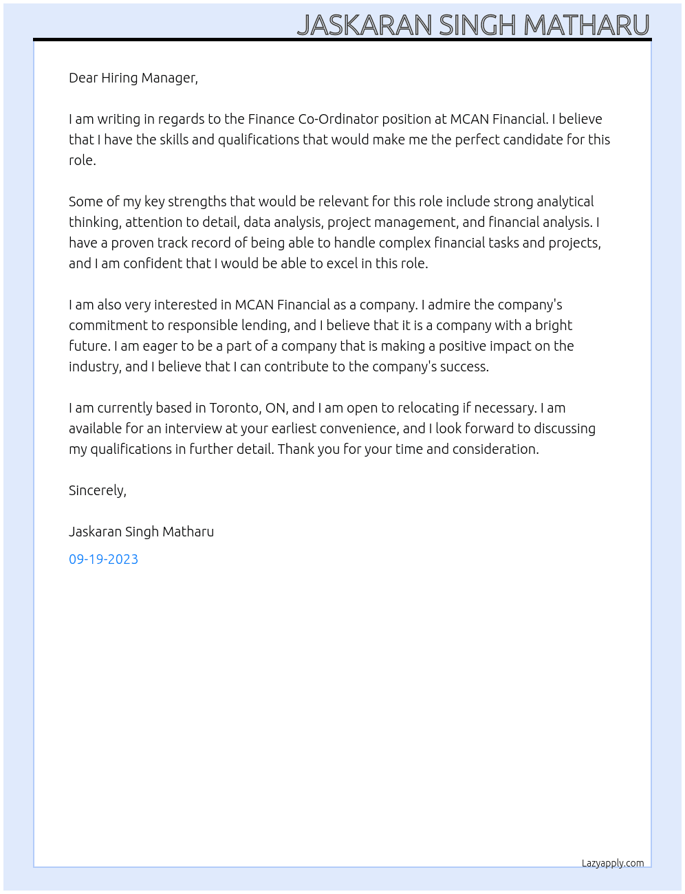 Finance Co-Ordinator At MCAN Financial Cover Letter