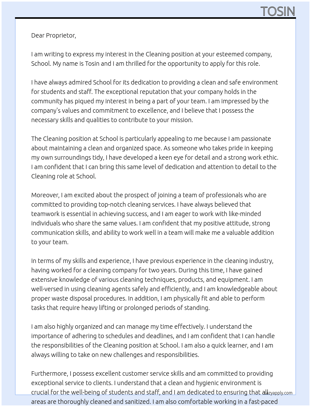 Cleaning  At School  Cover Letter