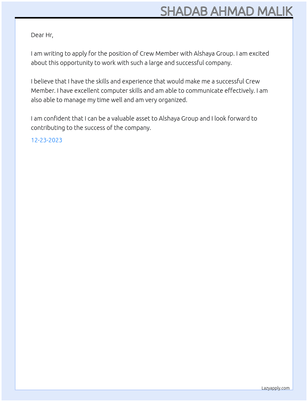 Crew Member At Alshaya Group  Cover Letter