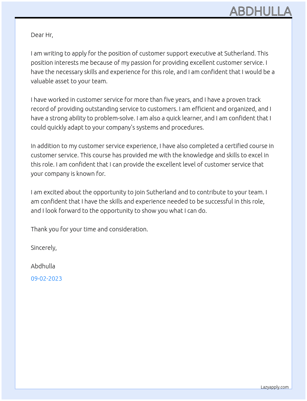 Customer support executive  At Sutherland  Cover Letter