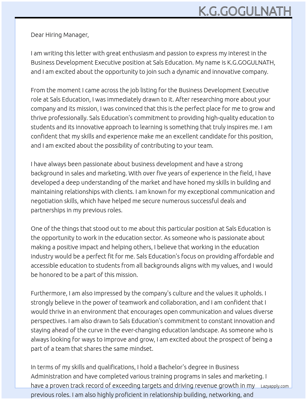 Buisness development executive  At Sals Education Cover Letter