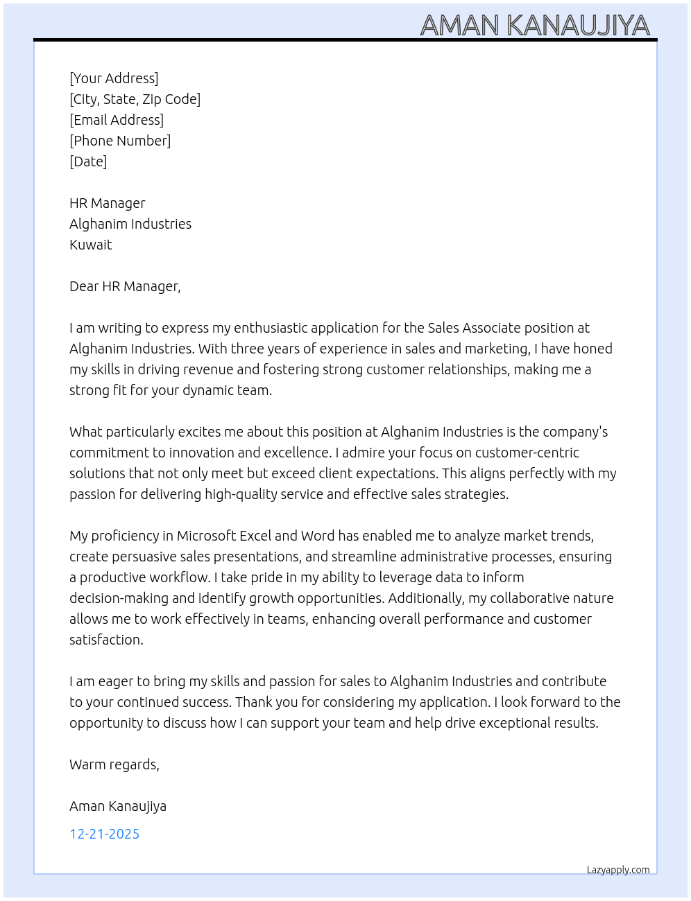 Sales associate  At Alghanim Industries, kuwait  Cover Letter