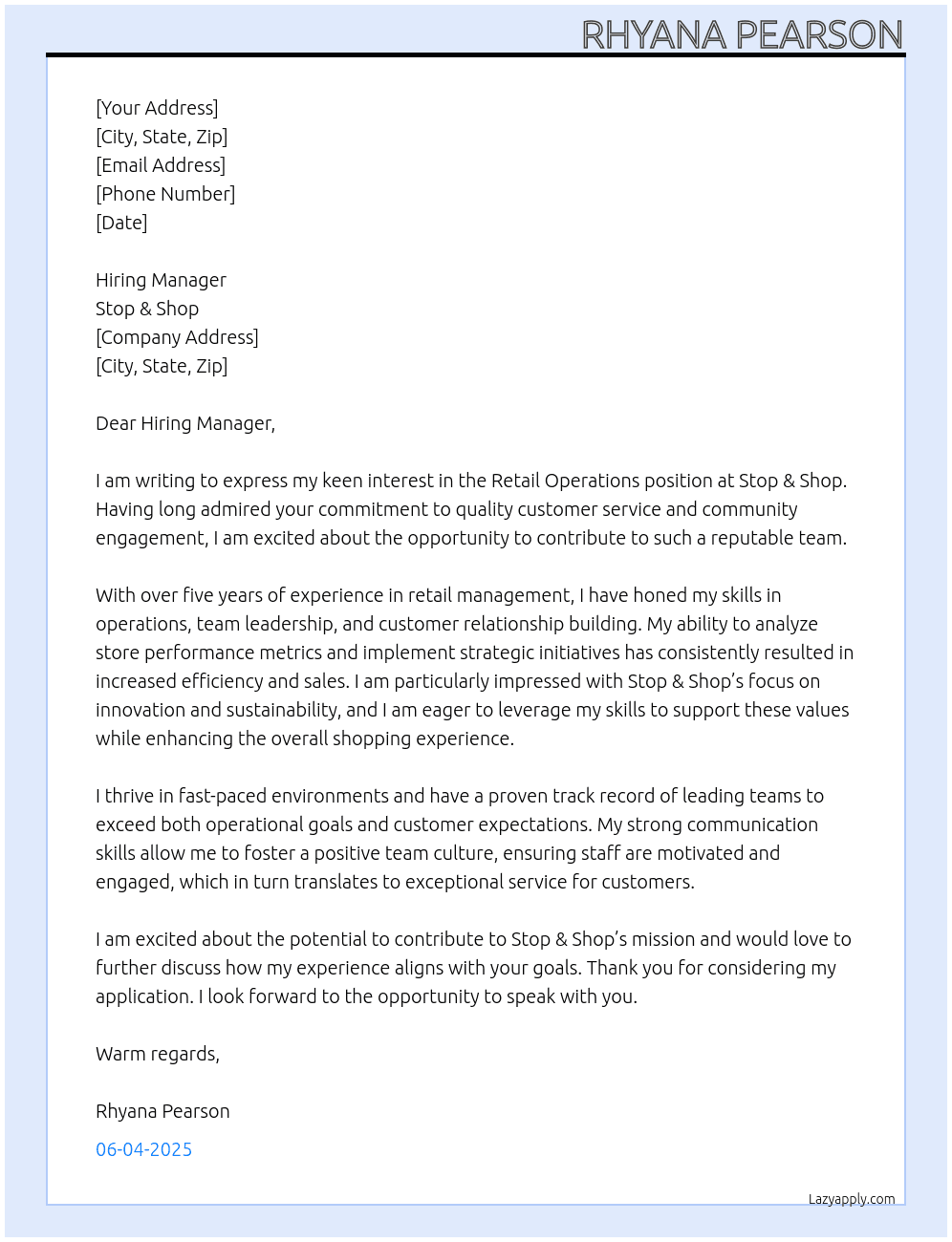 Retail Operations At Stop & Shop Cover Letter