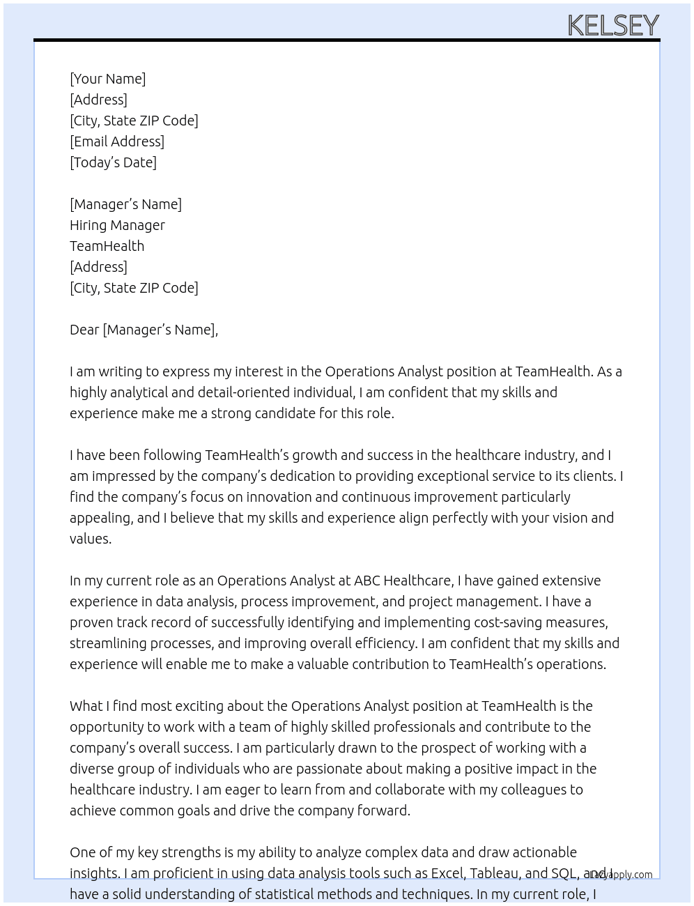Operations Analyst At TeamHealth Cover Letter