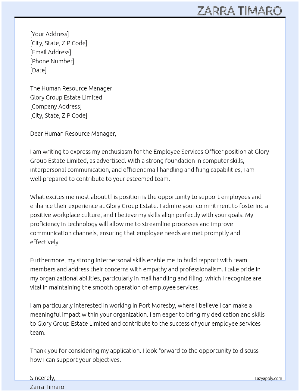 Employee Services Officer  At Glory Group Estate Limited  Cover Letter
