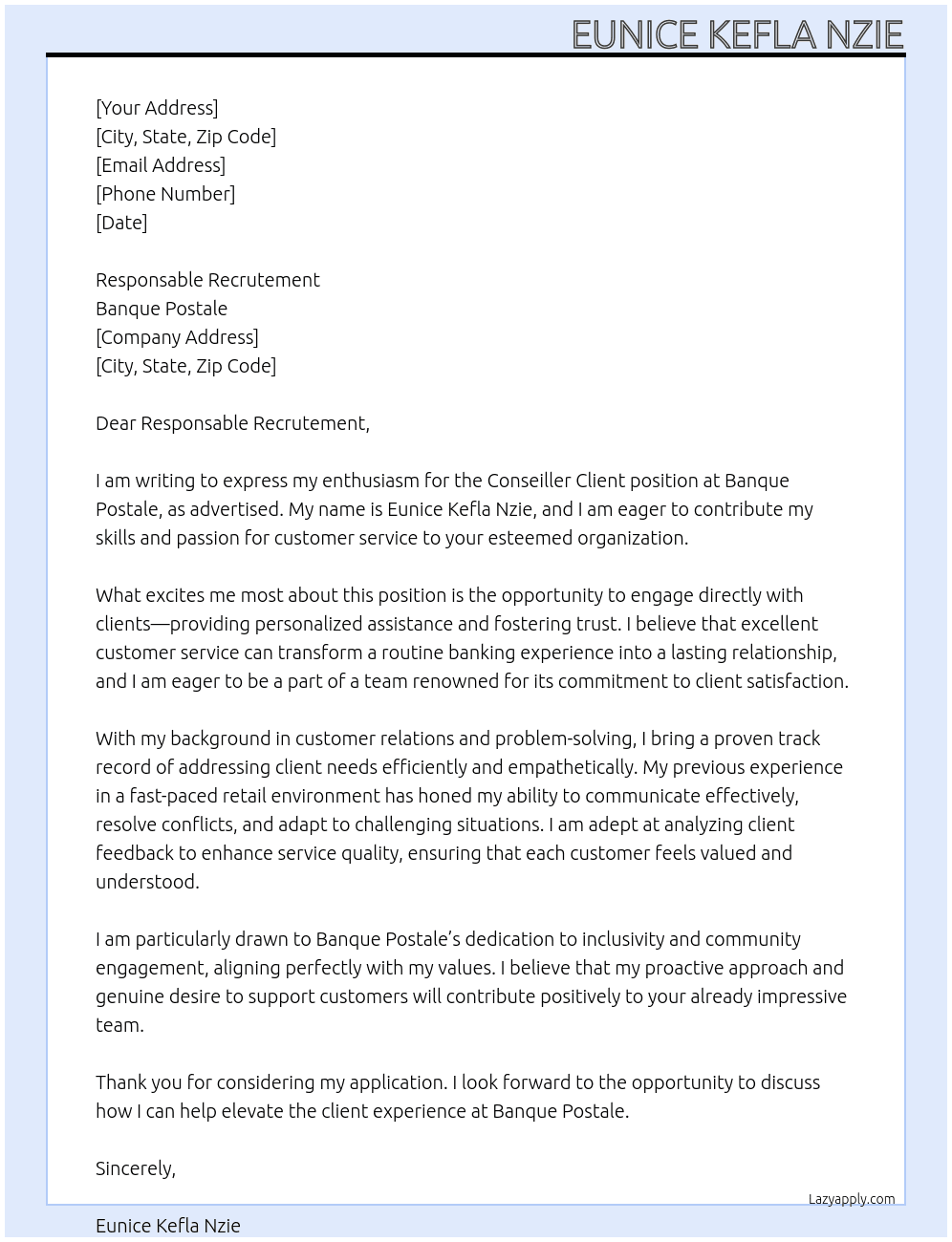 Conseiller client At Banque postale Cover Letter