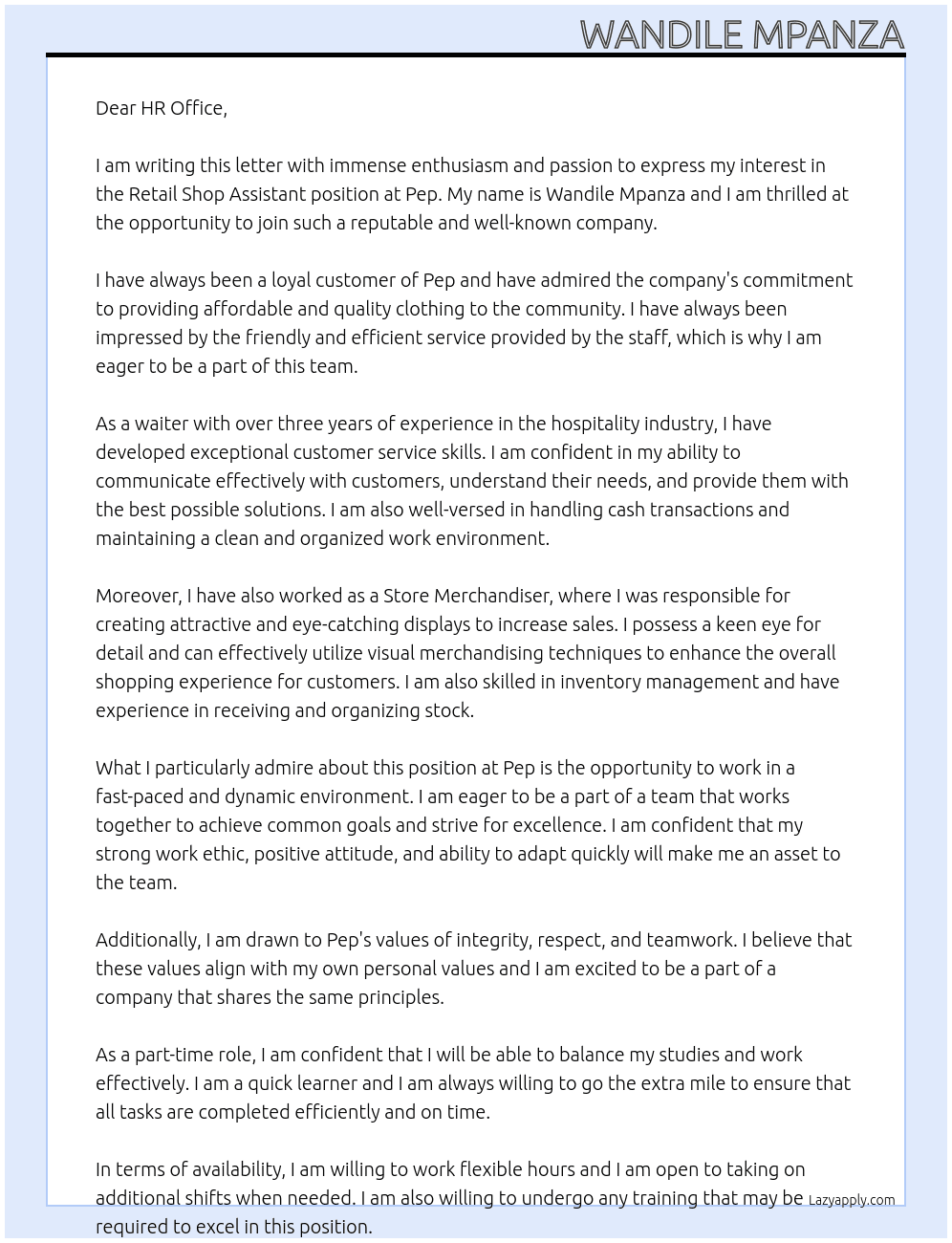 Retail Shop Assistany At Pep Cover Letter