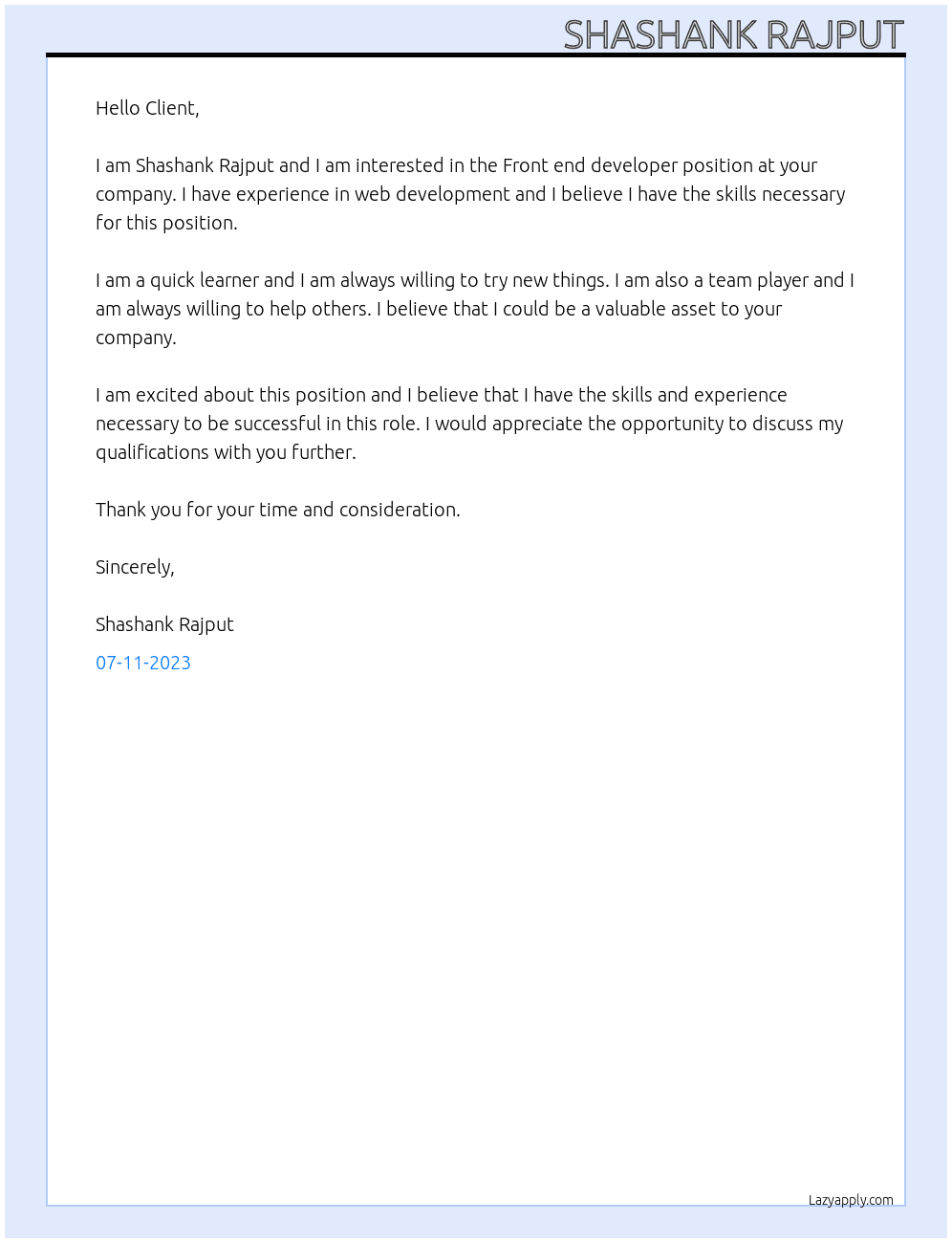 Front end developer At Client Cover Letter