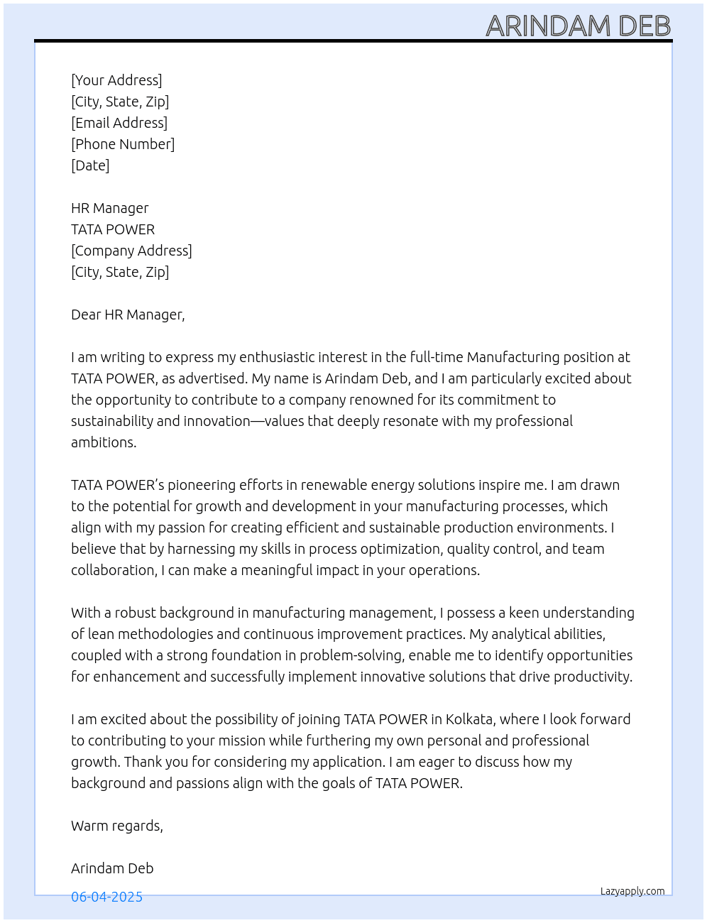 Manufacturing At TATA POWER Cover Letter