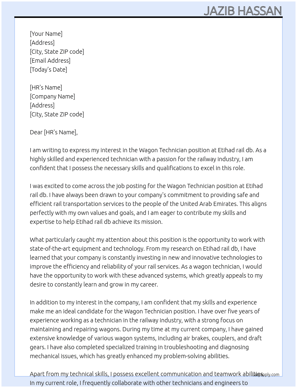 Cover letter for wagon technician - LazyApply