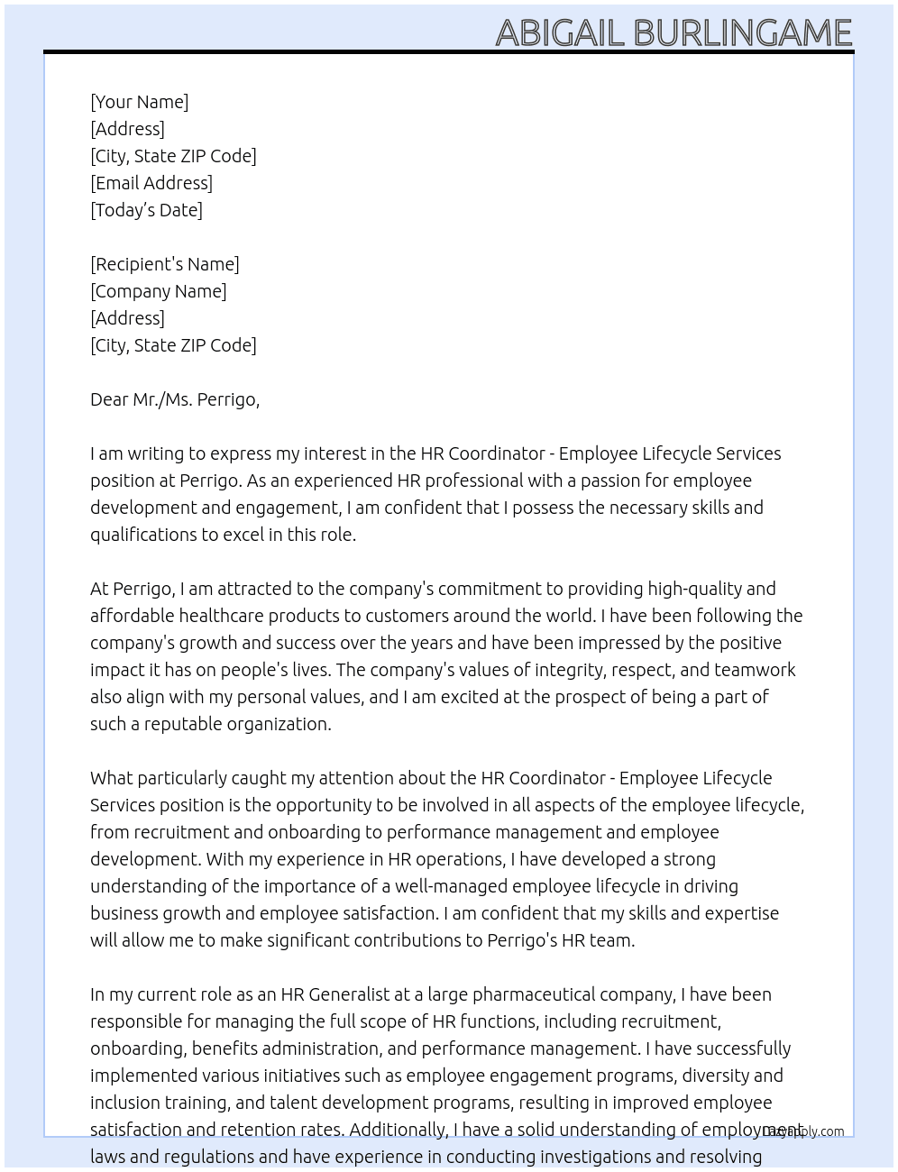 HR Coordinator - Employee Lifecycle Services At Perrigo Cover Letter