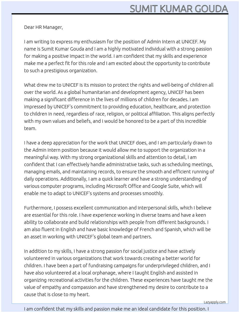 ADMIN INTERN At UNICEF Cover Letter