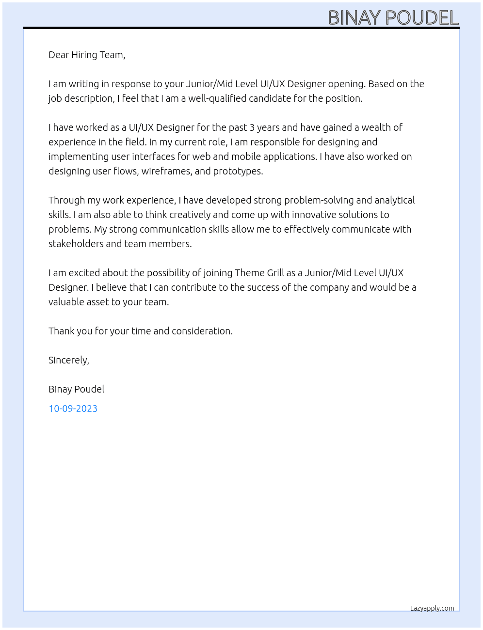 Junior/Mid Level UI/UX Designer At Theme Grill Cover Letter
