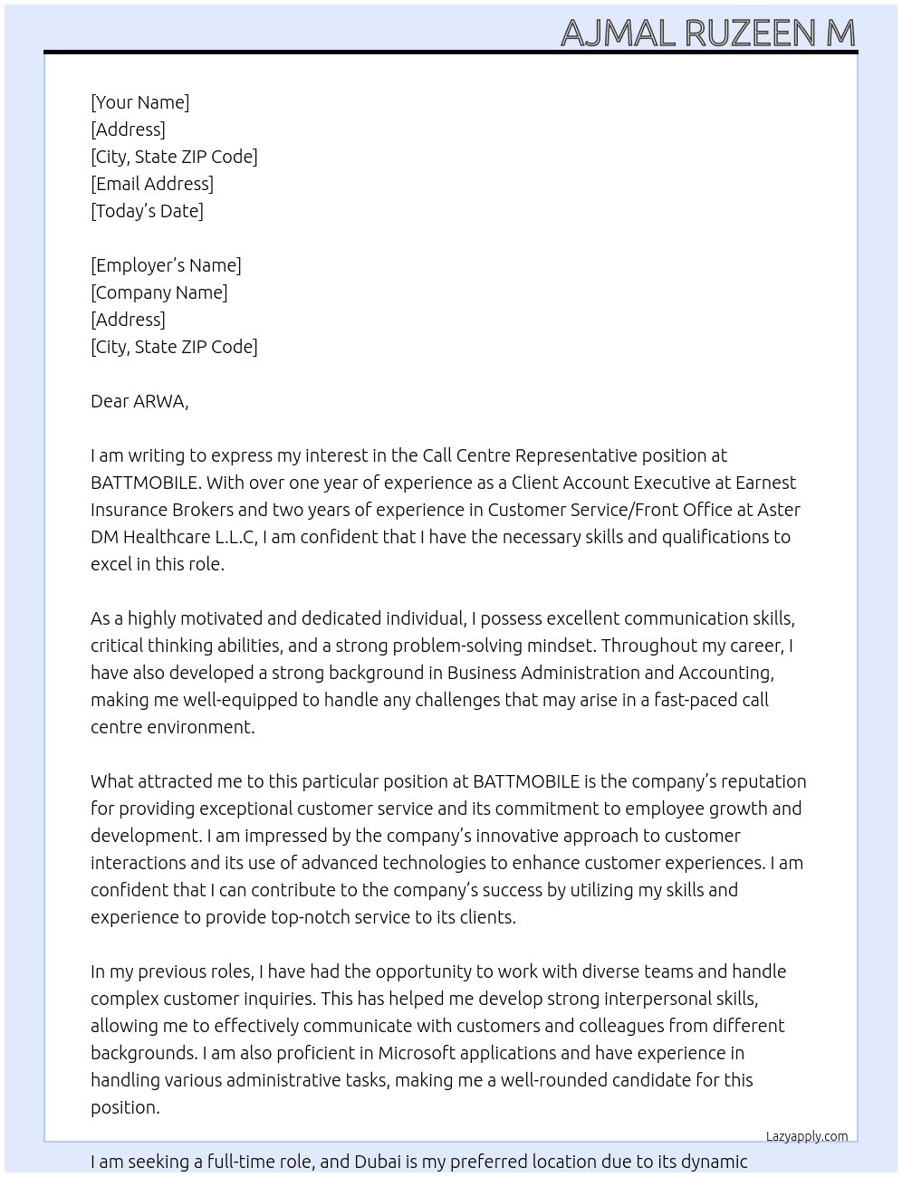CALL CENTRE REPRESENTATIVE At BATTMOBILE Cover Letter