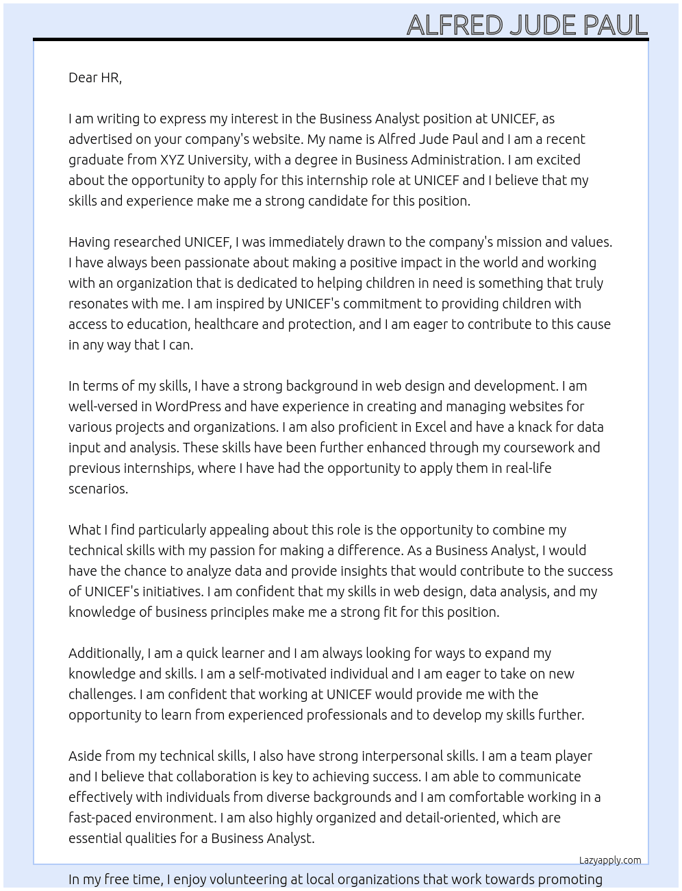 Buisness Analyst  At UNICEF Cover Letter