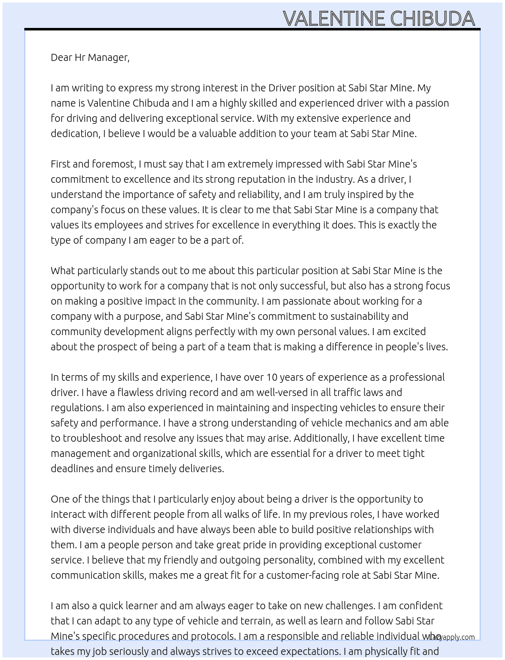 Driver At Sabi star mine Cover Letter