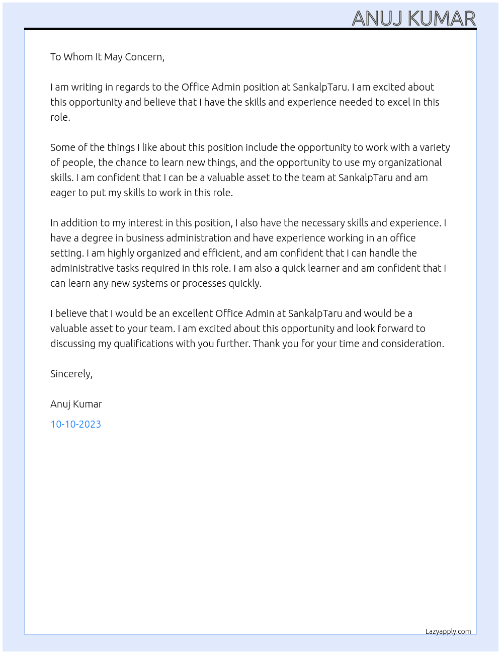 Office Admin  At SankalpTaru Cover Letter