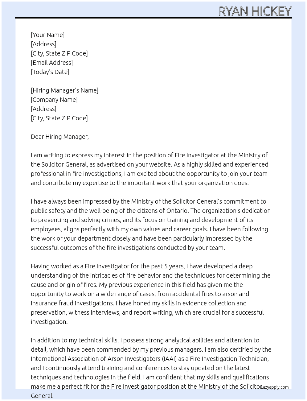 Fire Investigator At Ministry of the Solicitor General Cover Letter
