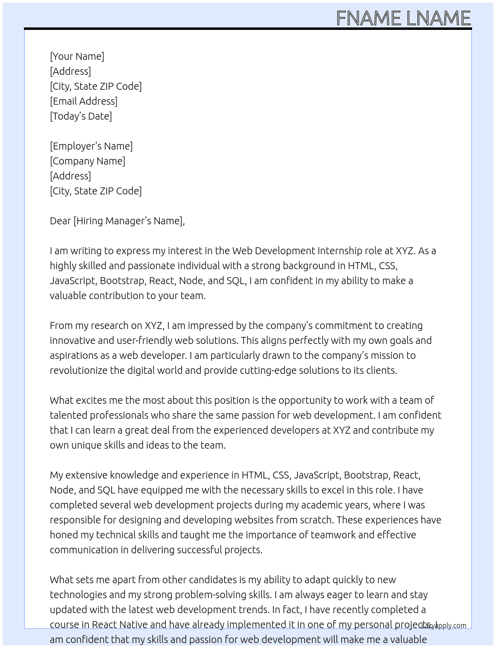 web development At XYZ Cover Letter